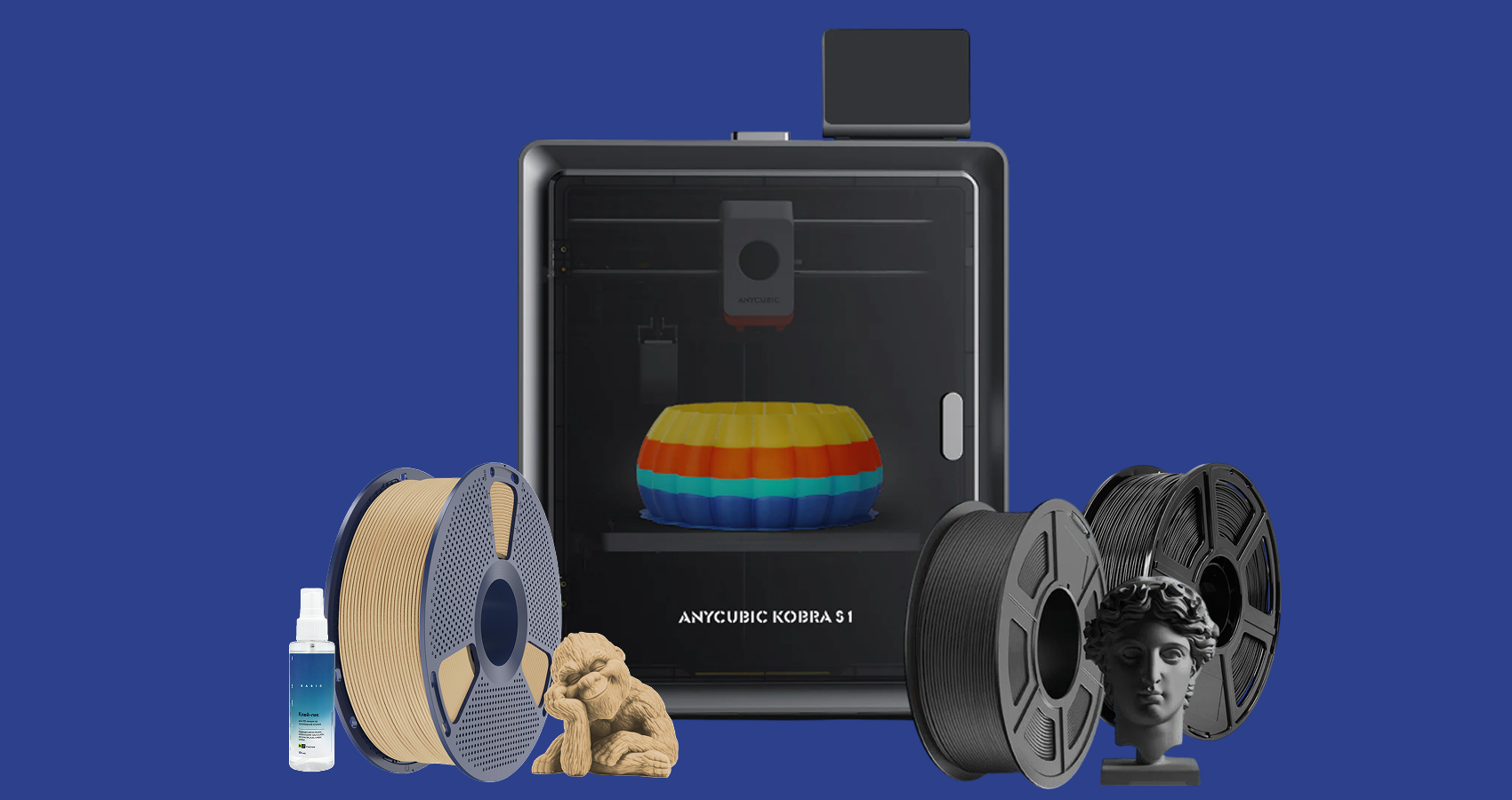 Комплектное предложение: 3D принтер Anycubic Kobra S1 + Пластик PLA 1,75 мм Matte Black 1 кг+Пластик PETG Pro 1,75 мм Black 1 кг+Пластик ASA 1,75 мм Black 1 кг или "Пластик PLA 1,75 мм Maple Wood 1KG  1 кг (15% дерева)" + Клей-лак Ateco 100 мл